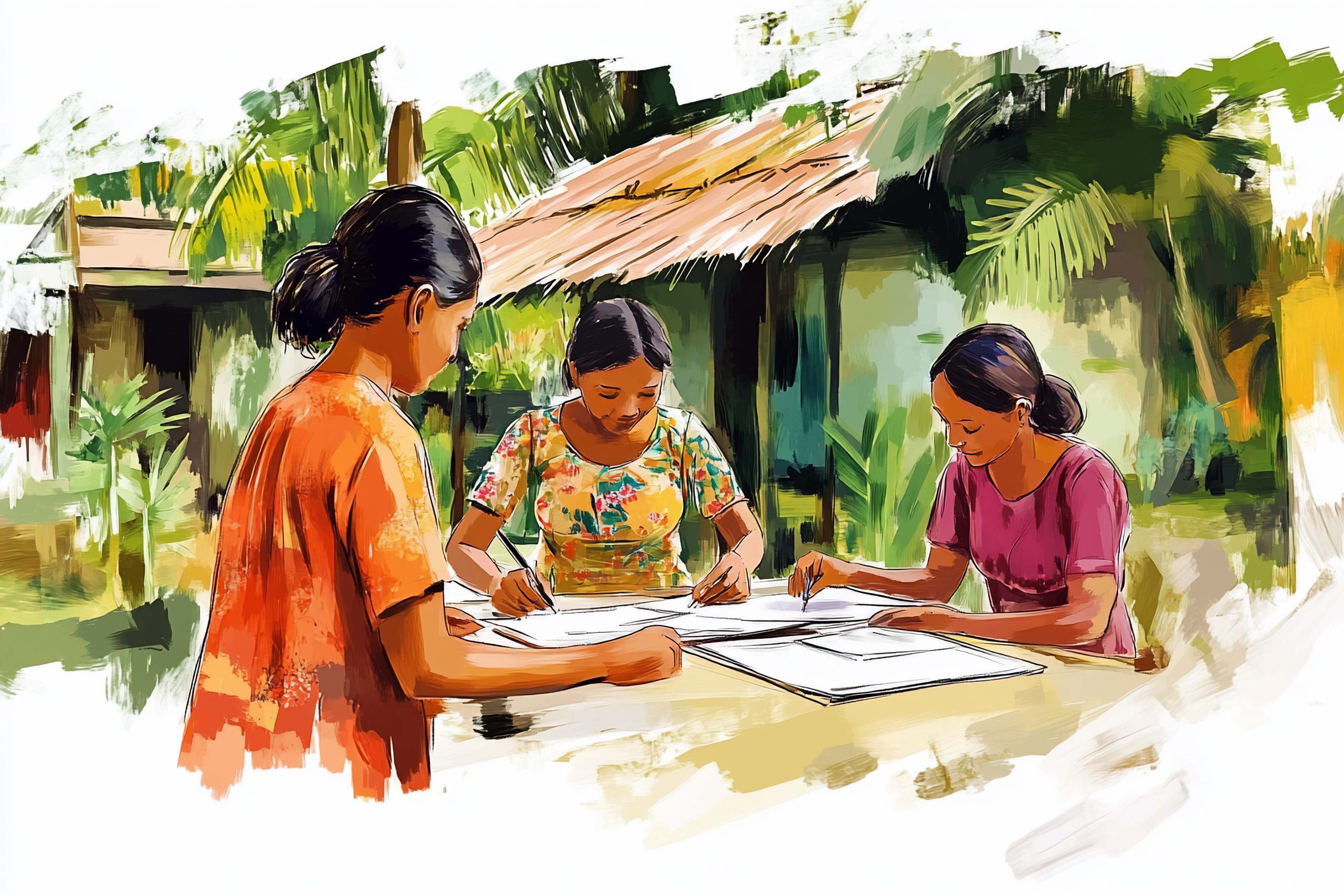 Three women studying together outdoors.