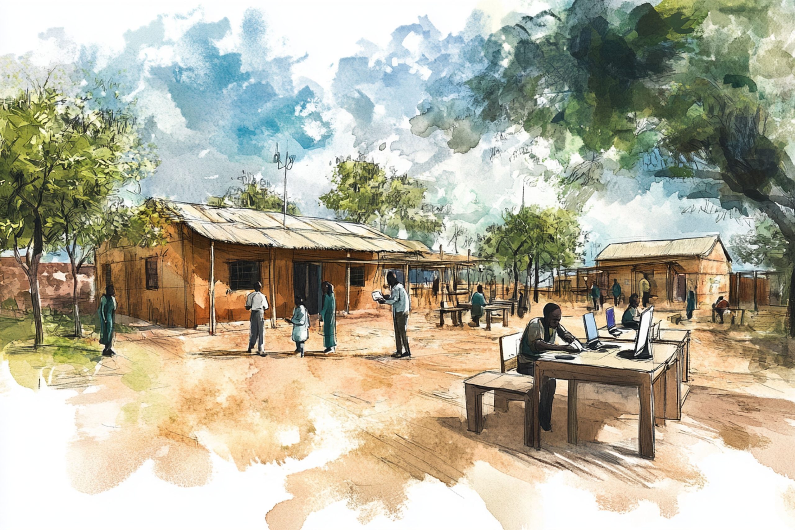 Rural community center with people using computers and children