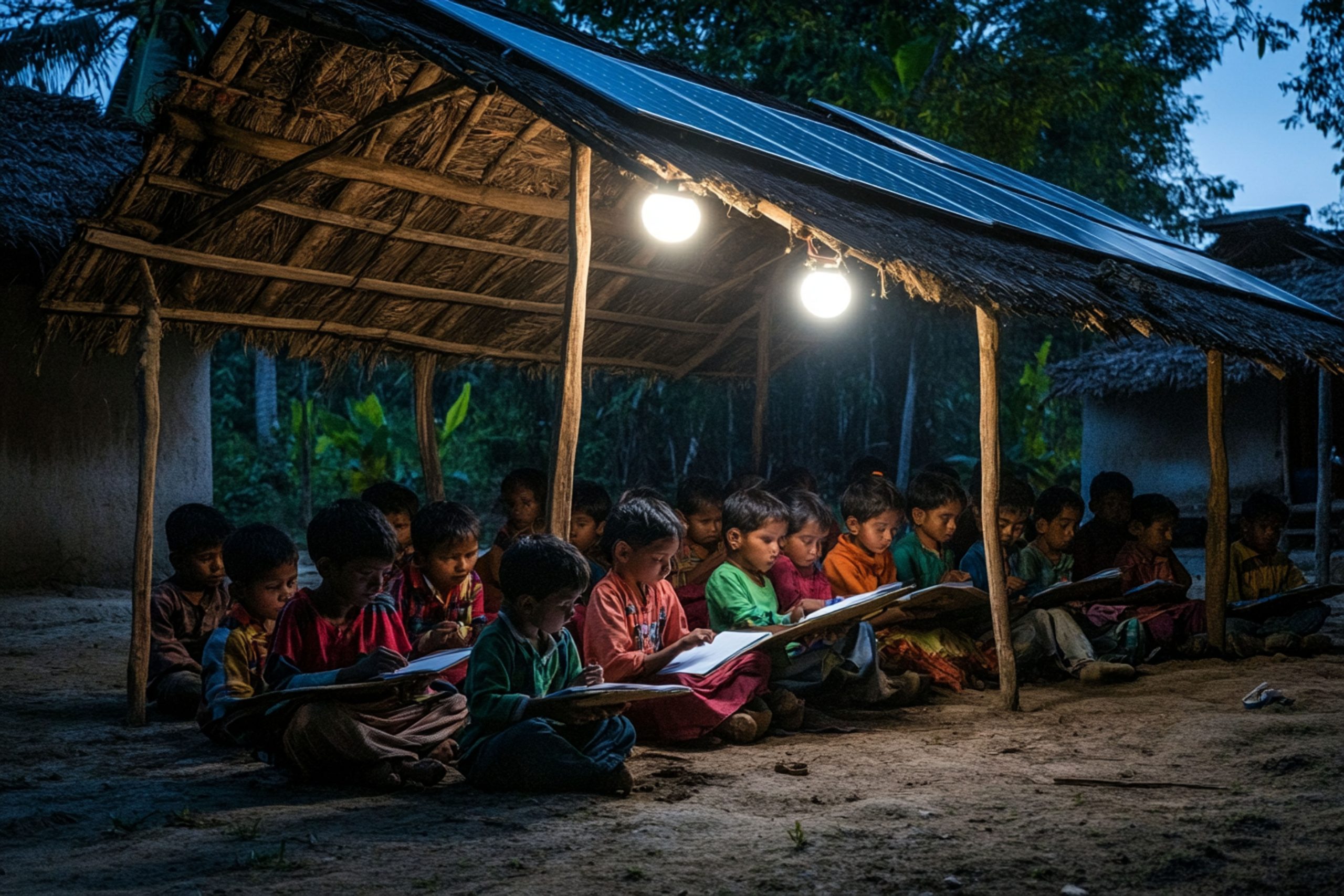 Children studying under solar lights at night in a rural village