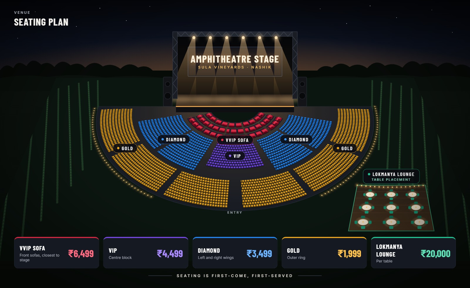 Seating plan of the Amphitheatre Stage at Sula Vineyards, Nashik showing VVIP Sofa, VIP, Diamond, Gold and Lokmanya Lounge areas