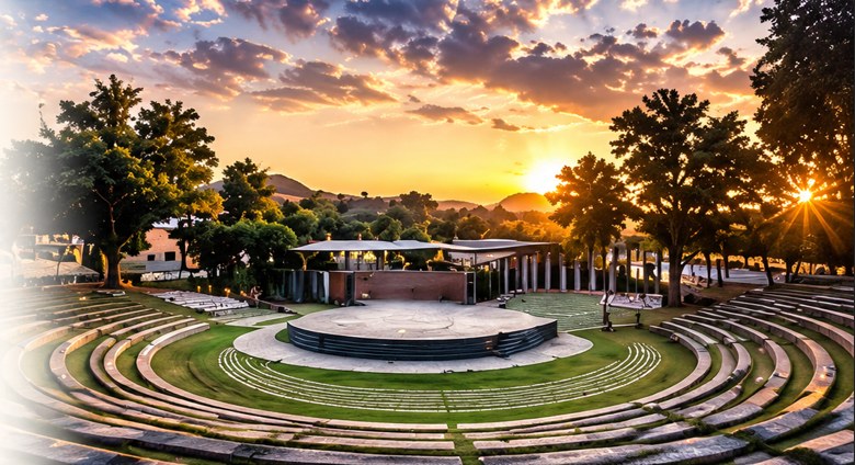 Sula Vineyards open-air amphitheatre at sunset, surrounded by trees and hills